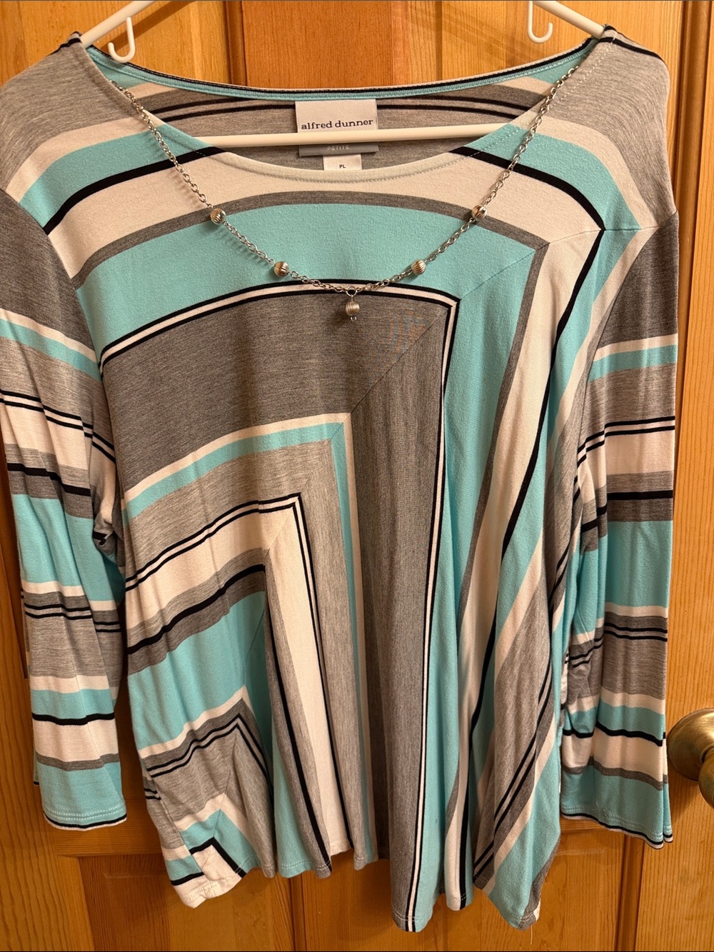 Alfred Dunner Aqua and Gray Striped Boatneck Long Sleeve Top